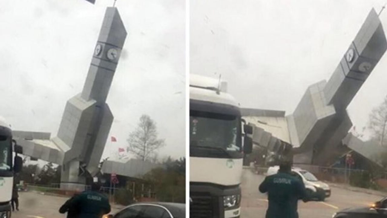 Lodosun etkisiyle Çatalca'da saat kulesi devrildi