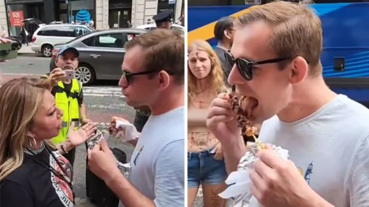 Eylemcilerin karşısına geçip kebap yiyen adam, vegan kadını çıldırttı