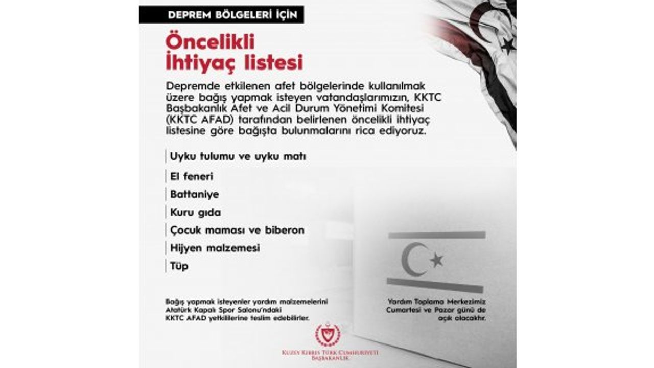 Başbakanlık deprem bölgeleri için öncelikli ihtiyaç listesi açıkladı