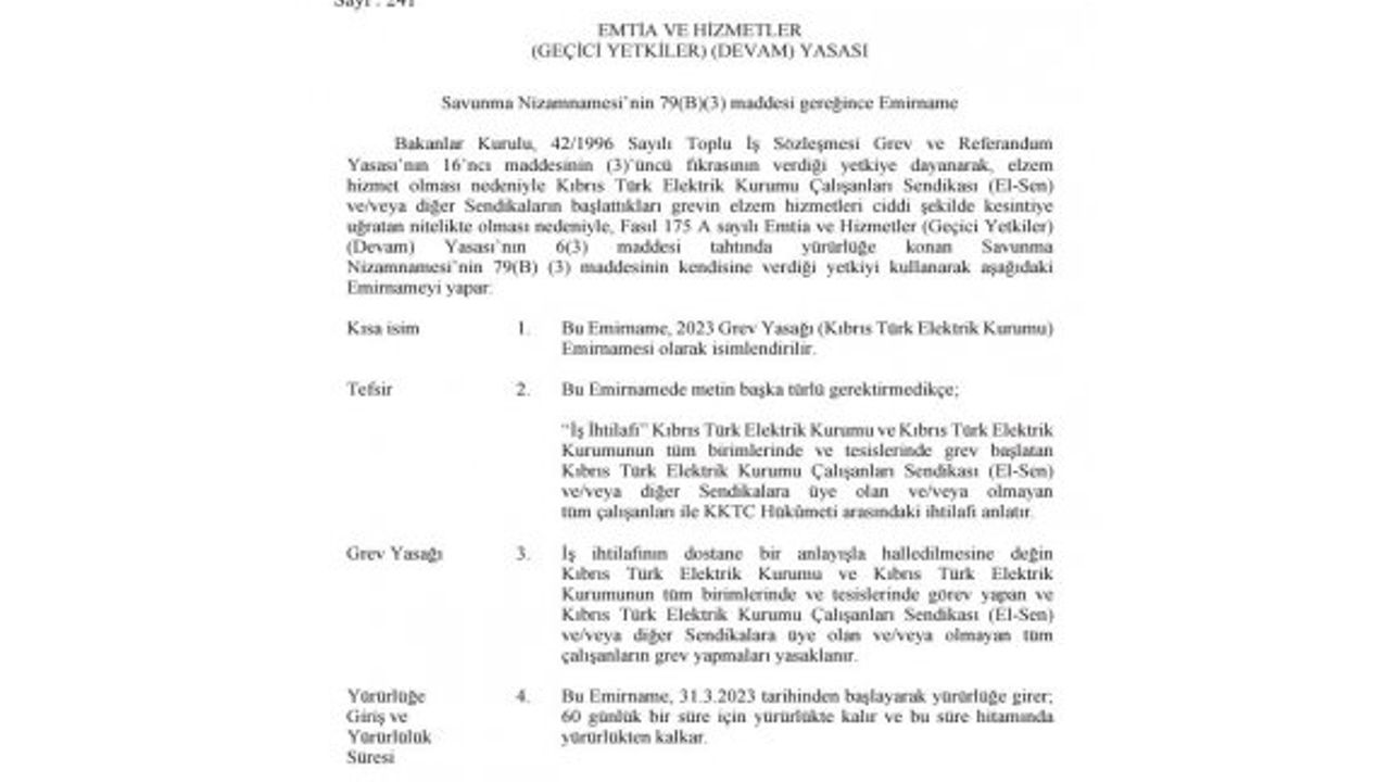 Bakanlar Kurulu Elektrik Kurumu'ndaki grevi yasakladı