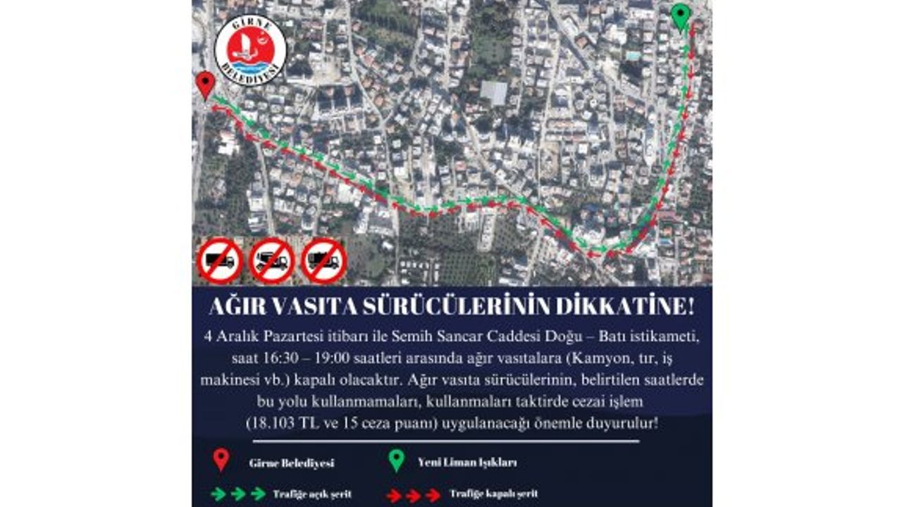 Girne’de ağır vasıta trafik kısıtlaması pazartesi başlıyor