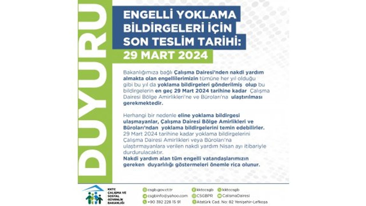Engelli yoklama bildirgeleri için son teslim tarihi 29 Mart